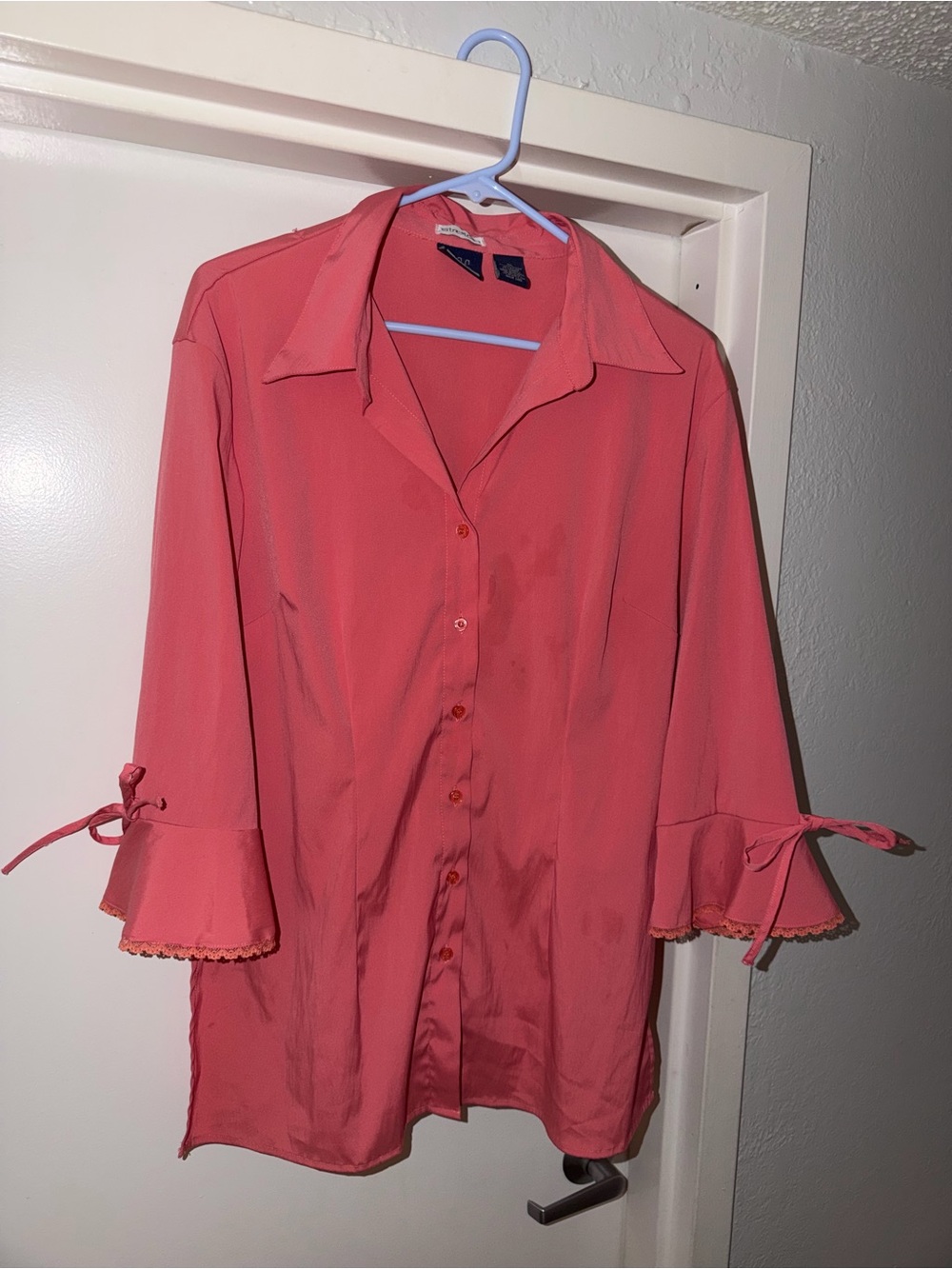 Women’s Coral Button-Down Blouse with Tie Cuffs